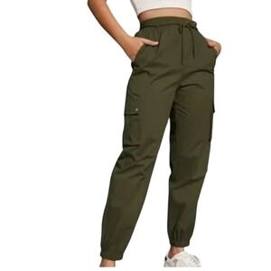 Lole Womens Lounge Cargo Pants Olive Green Drawstring Jogger L Athleisure comfy